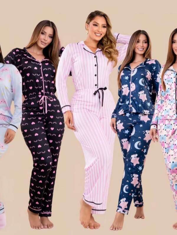 Conjunto de pijama Americano feminino Suede Estampado Nacional