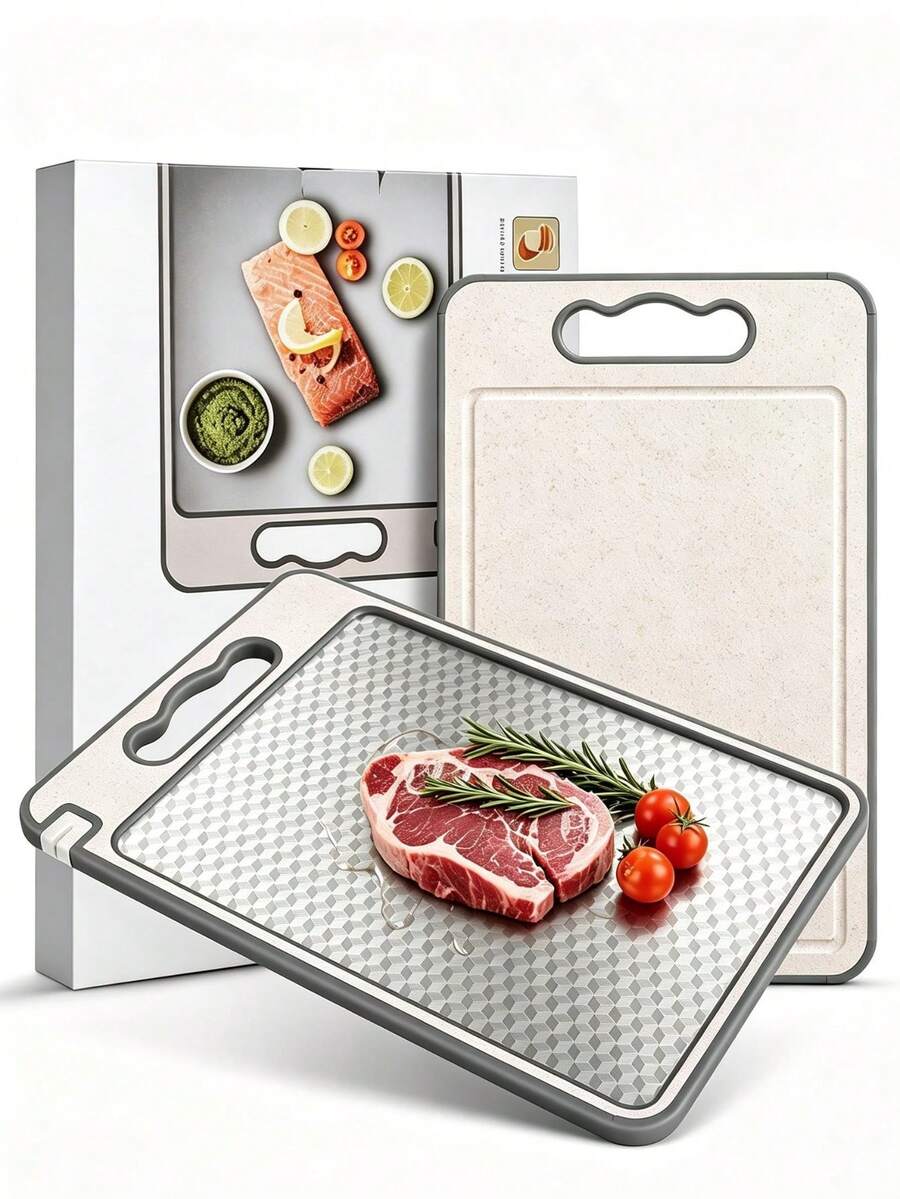 1pc Multifunctional Double-Sided Cutting Board, Non-Slip Stainless Steel Chopping Board, Quick Defrosting Cutting Board, Defrosting Board, Built-In Knife Sharpener, Juice Groove And Handle, Suitable For Meat And Vegetables, Kitchen Essential, Kitchen Supplies, Kitchen Utensils - View 1