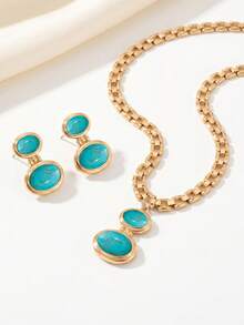 2pcs/Set Minimalist Vintage Creative Wide Chain Geometric Oval Faux Turquoise Pendant Necklace + Earrings Set, Women's Jewelry, Suitable For Daily, Holiday, Party Wear, Gift For Women - Yellow Gold - View 4