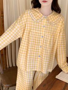 2pcs/Set Women's Pajamas Loungewear Set, Peter Pan Collar Plaid Print Korean Style Long Sleeve Long Pants, Comfortable For Home Wear - Yellow - View 8