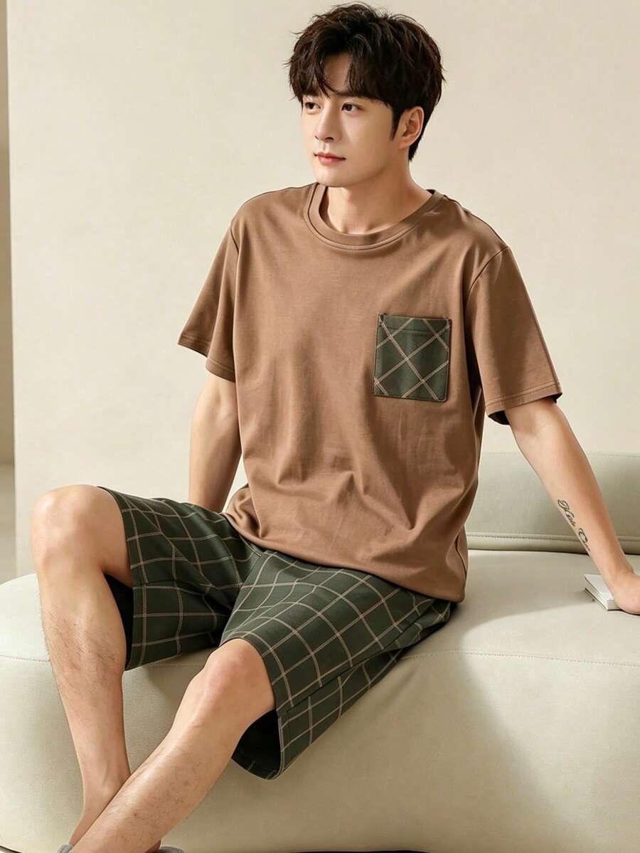 AICJ 2件組男士純色休閒寬鬆極簡口袋圓領短袖格紋短褲睡衣套裝,適合春夏 - 棕色 - 查看 1