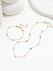 Vintage Colorful Round Rhinestone Necklace & Bracelet 2pcs Set, Niche Luxury Faux Gemstone Thin Chain Layered Collarbone Chain Jewelry Set For Women - Gold - View 3
