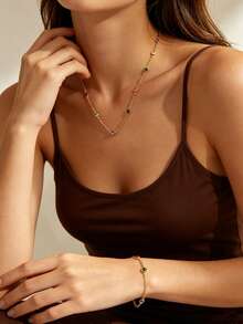Vintage Colorful Round Rhinestone Necklace & Bracelet 2pcs Set, Niche Luxury Faux Gemstone Thin Chain Layered Collarbone Chain Jewelry Set For Women - Gold - View 1