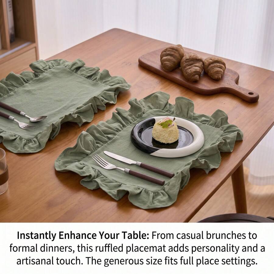 1/2/4/6 Peças Jogos Americanos Retangulares de Algodão Puro com Borda Franzida em Cor Sólida, Estilo Minimalista Nórdico, Decoração de Cozinha, Adequado para Reuniões de Feriados, Festas de Aniversário, Casamentos, Jantares, Decoração de Mesa, Mesa de Escritório, Mesa de Centro, Decoração de Casa, Decoração de Quarto, Decoração de Dormitório, Todas as Estações, Bottom de Fotografia - Verde Oliva - Visão 1
