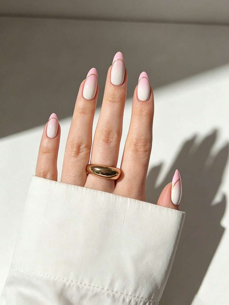 24pcs Apricot Pink White Gradient French Style Press-On Nails, Minimalist Thin Gold Line Glossy Wearable Nails, Soft Aesthetic Girl Style, Suitable For Dating And Office, Self-Adhesive Nail Stickers - Multicolor - View 1