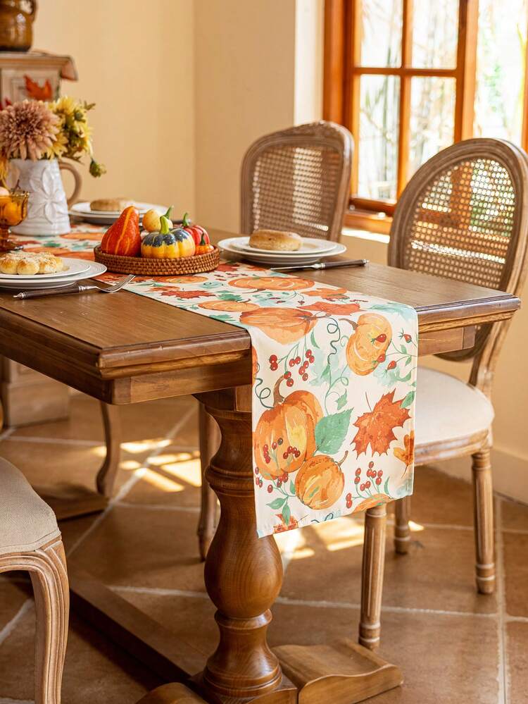 1pc Thanksgiving Table Runner, Orange Pumpkin And Maple Leaf Print Pattern, Rectangular Table Runner, Washable, Coffee Table, Shoe Cabinet, Sideboard, Cabinet Cover, Room Decor, Home Decor, Suitable For Kitchen, Dining Room, Dinner, Party, Holiday, Celebration Decoration, Thanksgiving Decor, Autumn Decor, Thanksgiving Decoration Supplies - Multicolor - View 1