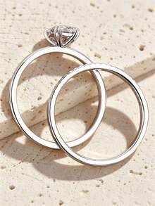 1 Set Isi 2 Cincin Tumpuk Elegan Perak Sterling 925 dengan 4 Cakar dan Zirkonia Persegi Putri, Cincin Janji Pertunangan, Pernikahan, Ulang Tahun untuk Wanita, Perhiasan Mewah - Perak - View 10