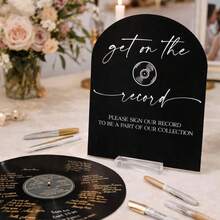 1pc Personalized Acrylic Wedding Sign - "Get On The Record" Vinyl Record Style Guestbook Alternative, Custom DJ Theme Sign, Modern Transparent/White Acrylic Ceremony Reception Decor, Unique Bridal Shower Gift - 20x25cm - View 3