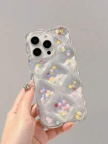 1pc Y2K Style Transparent Rhombus Phone Case, Silver Foil Glitter Wavy Edge Anti-Scratch Protective Shell, Suitable For All Models - Transparent Small Flower - View 2