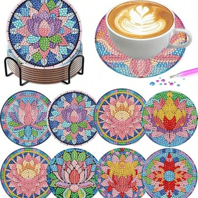 8pcs/Set Diamond Painting Coaster Set With Lotus Pattern (With Holder) - Home Decor DIY Diamond Art Craft Kit For Beginners, Diamond Craft Supplies, Artificial Diamond Art Craft Supplies Gift
