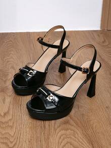 Women's Buckle Ankle Strap High Heel Sandals, Round Toe Open Toe PU Upper, Wine Glass Heel, 10cm Heel, 3cm Platform, Backless, Sexy Style, Runway Nightclub - Black - View 7