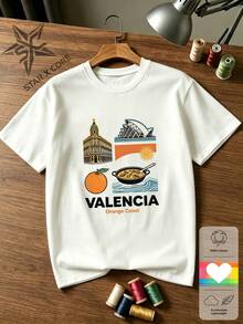 VALENCIA Coastal Orange Print Cotton Short Sleeve T-Shirt Spain Summer Vacation Look - 白色 - 查看 1