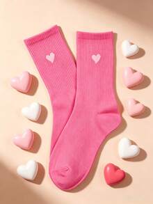 1 par de calcetines de media caña de unicolor con nervaduras verticales, calcetines de barco con estampado de pequeños corazones cálidos para otoño/invierno, calcetines holgados versátiles para uso diario para niñas - Rosa Roja - Ver 1