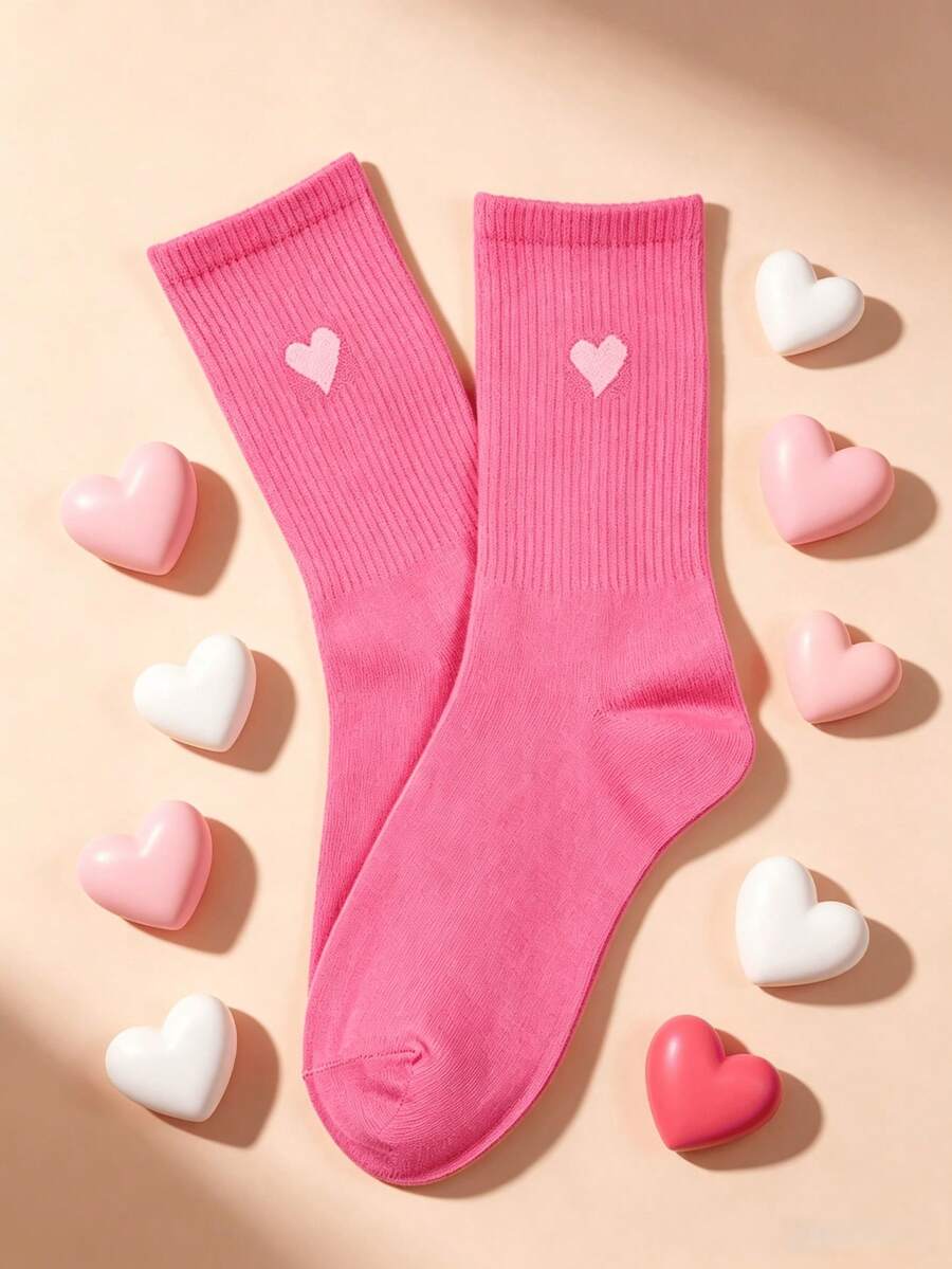 1 par de calcetines de media caña de unicolor con nervaduras verticales, calcetines de barco con estampado de pequeños corazones cálidos para otoño/invierno, calcetines holgados versátiles para uso diario para niñas - Rosa Roja - Ver 1