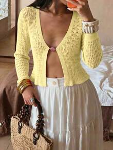 Summer Women Fashion Orange Cut-Out Knit V-Neck Flared Sleeve Open Front Casual Top Suitable For Dates, Vacations, And Going Out Outfits - Yellow - View 5
