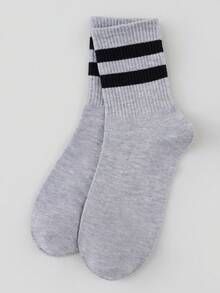 1 Pair Women's Grey Striped British Academy Style Two-Stripe Patchwork Mid-Calf Socks, Autumn/Winter, Suitable For Back To School, Halloween And Other Holidays - Multicolor - View 6
