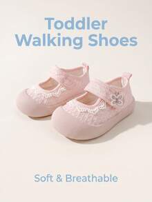 1 Pair Toddler Girls Lace Butterfly Embroidered Mary Jane Shoes, Mesh Hook & Loop Flat Shoes, All-Season Daily Wear (Size Based On Insole Cm) - Baby Pink - View 2