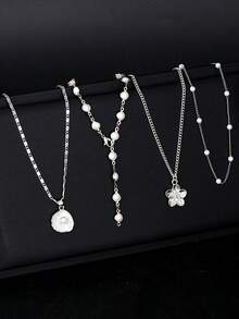 4pcs/Set Fashion Elegant Women's Floral Faux Pearl Shell Pendant Thin Chain Necklace Set, Layerable, Suitable For Daily Wear, Birthday, Party, Vacation, All Year Round, Holiday Gift, Perfect Gift Choice - Silver - View 3