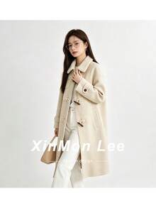 Lamb Wool Lapel Vintage Horn Button Overcoat Pocket Jacket College Office Daily Autumn/Winter - Apricot - View 1