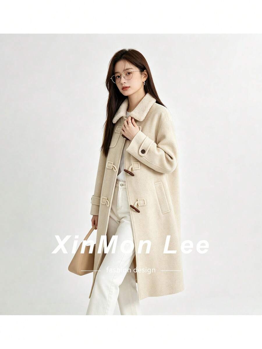 Lamb Wool Lapel Vintage Horn Button Overcoat Pocket Jacket College Office Daily Autumn/Winter - Apricot - View 1