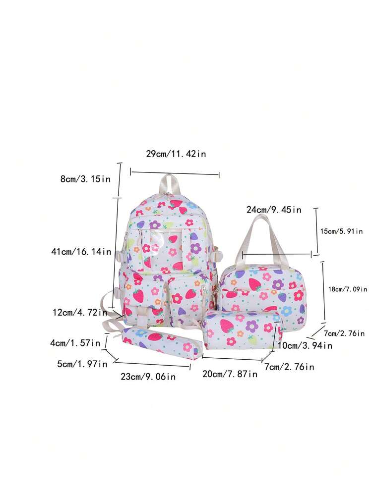 Dedoo Backpack Lunch Bag Two Pencil Cases 4Pcs,Colorful Floral Strawberry,No Pendant Clear Pocket Multi Layer Zipper Compartments,For Teen Girls SchoolDaily - Multicolor - View 8