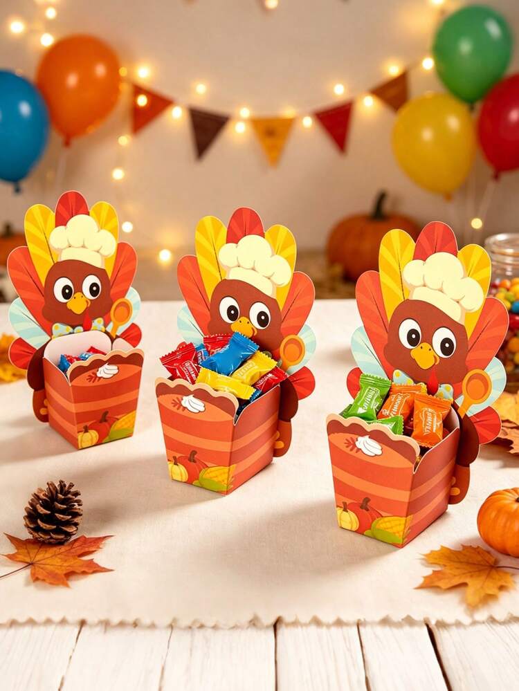 24sets(24 Cards+24 Boxes) Turkey Shaped Gift Boxes Turkey Pumpkin Pattern Paper Gift Packaging Box Cartoon Thanksgiving Harvest Theme Treat Boxes For Fall Thanksgiving Day Party Favors - Multicolor - View 5