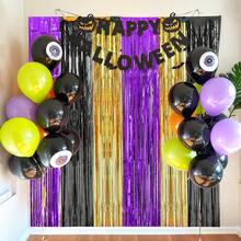 3pcs/Set Halloween Purple Black Gold Foil Fringe Curtain, Halloween Photo Booth Prop, Holiday Party Backdrop, Shimmering Background, Birthday Party Decoration - Multicolor - View 7