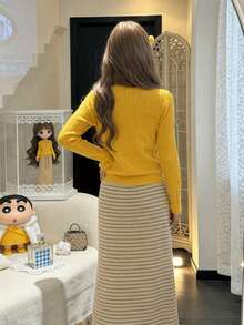 Y6Y 2026 Korean Style Gorgeous Yellow Women's Early Autumn Unique Bright Color Striped Knit Top - Yellow - View 2