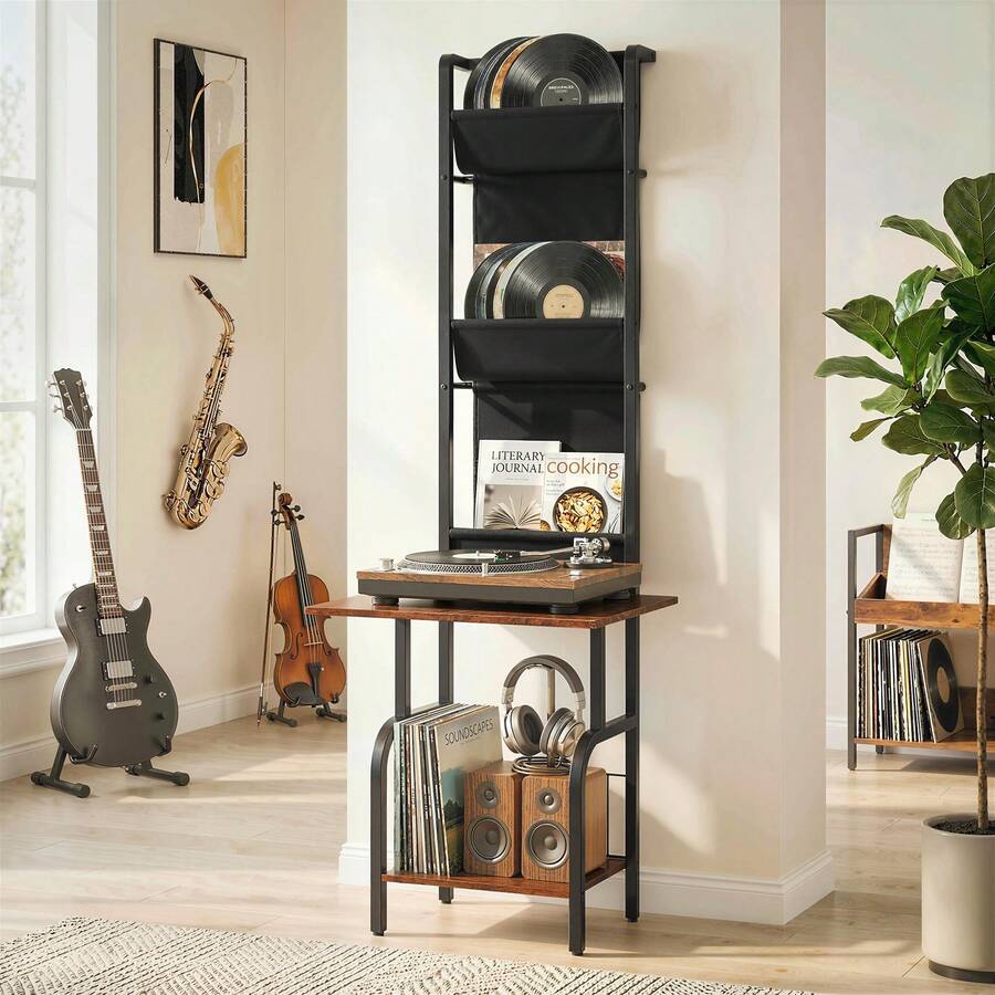 HOMCOM Vinyl Record Storage With Player Stand, Turntable Stand And Display Shelf, CD Storage Unit For Up To 40 CDs, Record Player Table For Living Room Or Bedroom - Brown - View 1