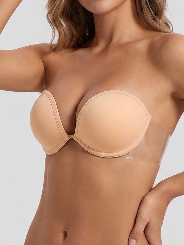 Solid Color Strapless Bandeau Bra, BC Cup, Lift & Enhance Backless Invisible Bra