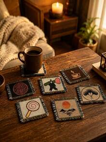 1pc Boho Woven Square Coaster With Tassel Fringe, Vintage Cartoon Pattern Heat Resistant Non-Slip Drink Cup Mat, Aesthetic Table Ornament, Reusable Coffee Tea Mug Pad, Holiday Gift For Christmas Halloween Thanksgiving, Home Kitchen Dining Room Decor - Multicolor - View 6