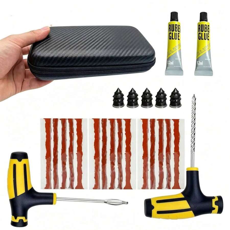 2 Optional Sizes Tire Repair Kit, Includes T-Handle Insertion Tool, Rubber Repair Strips, Glue And Tire Repair Nails, Universal Tool Suitable For Cars, Motorcycles, Bicycles, Electric Vehicles And Outdoor Road Travel