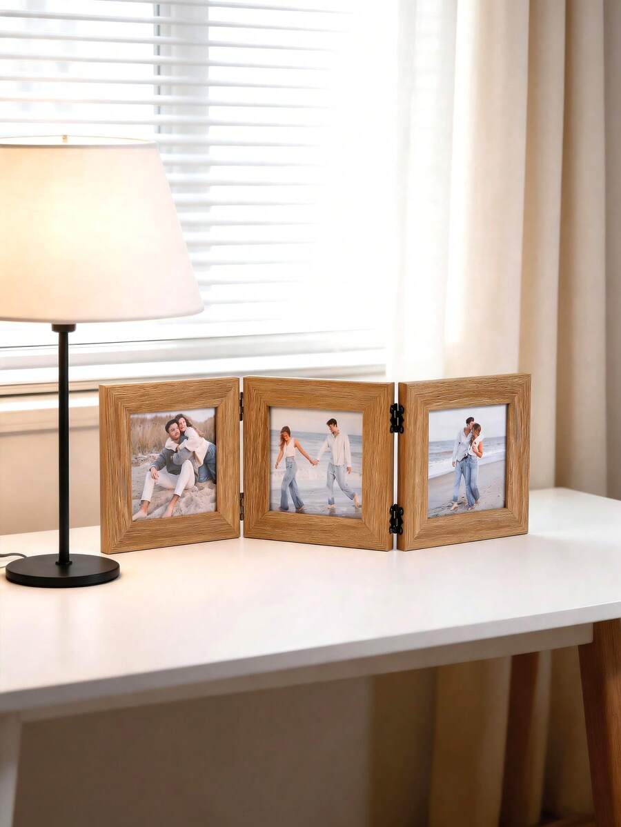 1pc Vintage Foldable Desktop Photo Frame, Square Divided Compartment Tabletop Picture Frame, Suitable For Couples Anniversary Valentine's Day Bedroom Desk Decor Ornament[Frame Only, No Photos Included] - Hinge Photo Frame - View 1