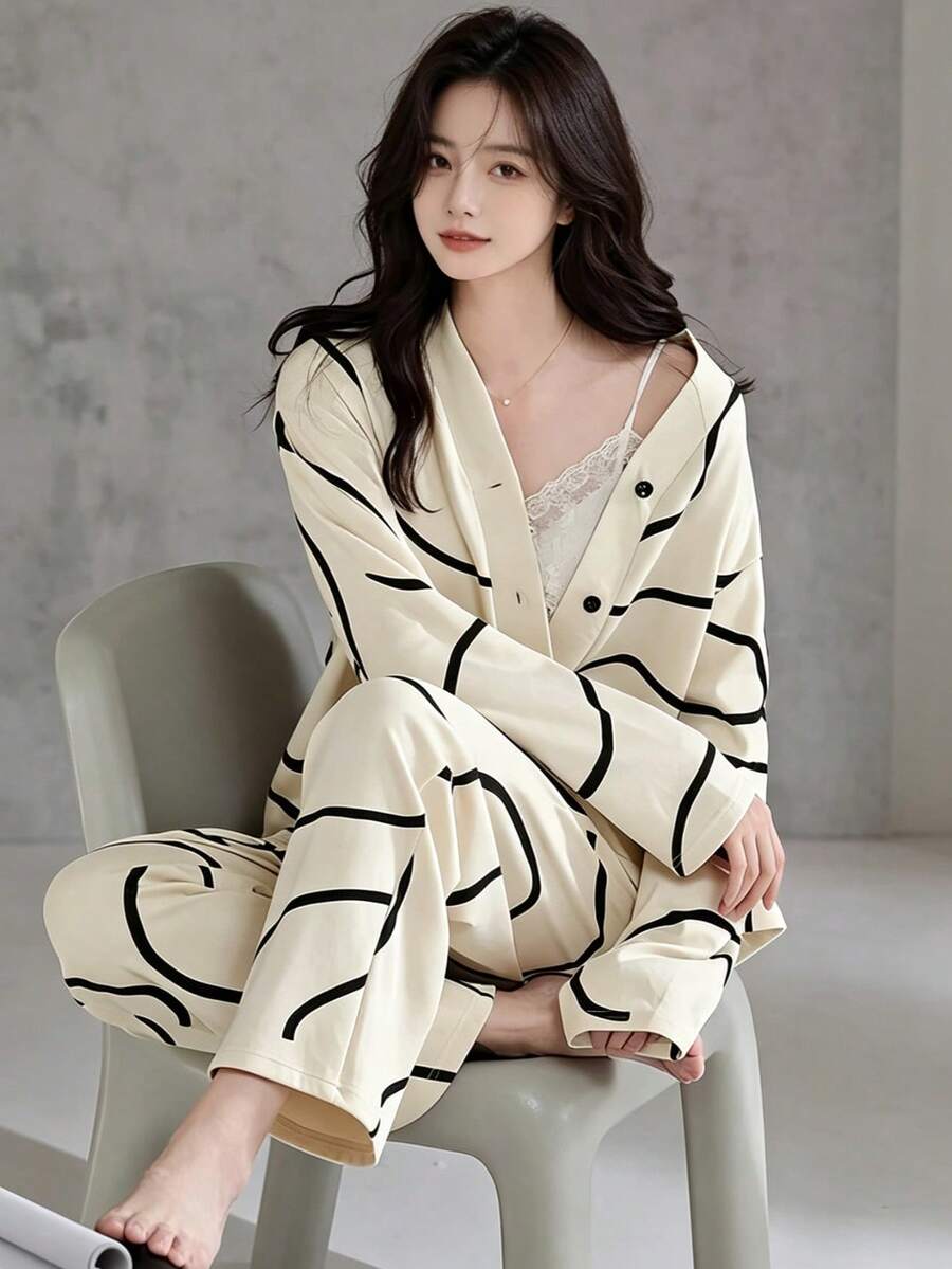 AICJ 两件套女士休闲睡衣,V领长袖上衣和长裤家居服套装,适合春、夏、秋季舒适穿着,秋冬皆宜。 - 米色 - 查看 1