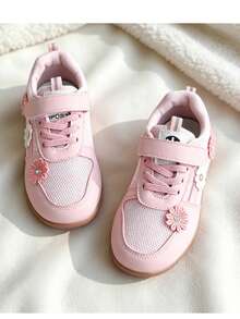 Girls' Breathable Non-Slip Sports Shoes, Hook & Loop Soft Sole Casual Shoes, Princess Style Versatile Mesh Sneakers - Pink - View 3