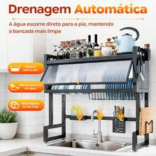 Sing-e Escorredor de Louça Suspenso  Andares – Ajustável 65-105cm, com Porta Retrátil e 5 Acessórios, Organizador de Pia em Aço Antiferrugem - 105cm Preto (Conjunto) - Visão 7