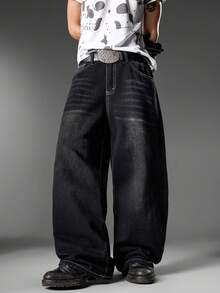 Modcrash Korean Style Men's Black Wide-Leg Jeans, Multi-Pocket Patchwork Embroidery, Niche Street Casual Pants, All-Season (Belt & Accessories Not Included) Fall/Autumn/Winter - Black - View 6