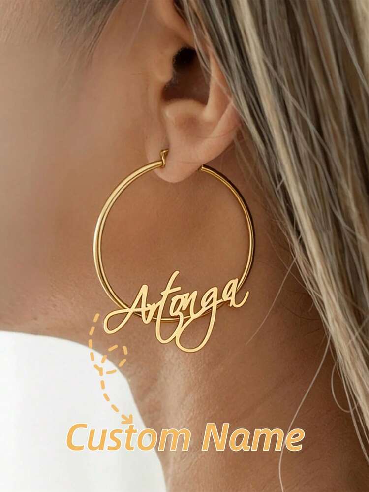 Elegant Minimalist Customized Name Hoop Earrings, Unique C-Shaped Hoop Earrings Women's Gift, Stainless Steel Jewelry, Women's Earrings, 30/50/70mm Round Earrings, Mother's Gift, Girlfriend's Gift - Gold - View 2
