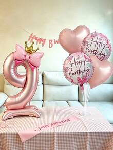立式數位領結與生日圓形氣球套組，適用於生日派對、聚會裝飾、週年慶祝、節日慶典、背景牆、戶外派對場景佈置 - 粉紅色站立數字搭配愛心圓球蝴蝶結氣球 - 查看 2