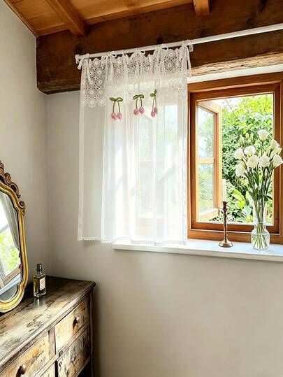 1PC Korean-Style Delicate White Lace Sheer Curtain,French-Style Pink Tulip Sheer Voile For Living Room,Bedroom Windows,Doors, Cabinets,And Kitchen Settings,Soft-Toned Home/Apartment Curtain.