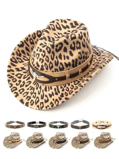 1pc Leopard Print Animal Metal Decor Bohemian Rivet Inlaid Western Cowboy Hat, Unisex Fashion Versatile For Autumn/Winter, Suitable For Back To School, Parties, Western Theme Events, Gatherings, Cosplay, Graduation Ceremonies, Masquerade Balls, Festivals, Birthday Celebrations, Music Festivals, Travel, Hiking And Daily Photography