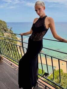 Maxi Lace Halter Dresses For Women Black Bodycon Sheer Mermaid Dress Summer - Black - View 4
