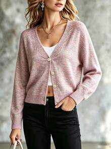 Women's V-Neck Single-Breasted Fall/Winter Soft Loose Gentle Lazy Knit Long Sleeve Cardigan – Tea Time Boutique Shopping Date Layering Versatile Basic - Mauve Purple - View 1