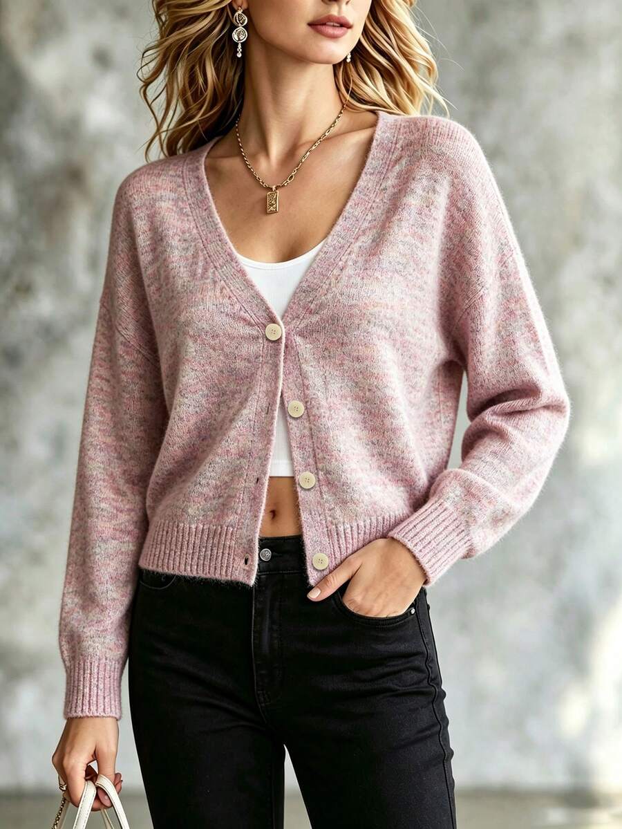 Women's V-Neck Single-Breasted Fall/Winter Soft Loose Gentle Lazy Knit Long Sleeve Cardigan – Tea Time Boutique Shopping Date Layering Versatile Basic - Mauve Purple - View 1