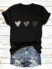Plus Size Women's Casual Crew Neck Leopard Print Heart Graphic T-Shirt - This Casual Short-Sleeve Top Is Versatile - 黑色 - 查看 2