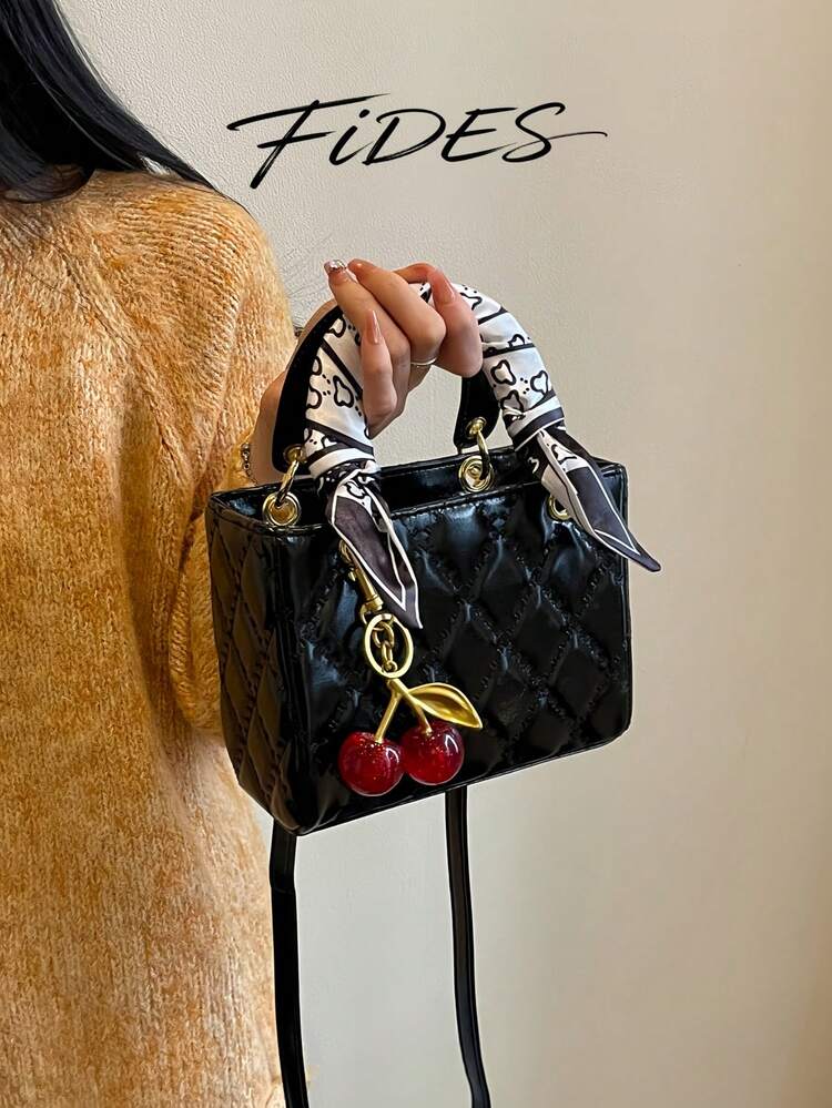 Fashionable New Women's Handbag Solid Color Minimalist PU Small Square Bag Elegant Sophisticated High-End Versatile Suitable For Dating Shopping Exquisite Bag With Silk Scarf And Cherry Pendant Valentine's Day Gift - Black - View 1
