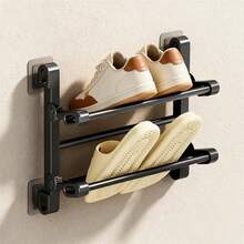 No-Drill Wall-Mounted Slippers Rack, Aluminum Foldable Double-Layer Shoe Rack With Drainage Holes, Bathroom Storage Solution, Home Shoe Rack, Hanging Shoe Rack, Suitable For Small Spaces, Apartment Living, Bathroom Storage, Ideal Choice For Home And Renters - Grey - View 12
