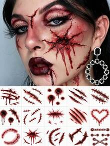 15 Sheets Fake Scar Halloween Zombie Tattoos Fake Stitches Bloody Face Stickers Scary Clown Face Tattoos For Prank Makeup Holiday Cosplay Halloween Decoration - Multicolor - View 9