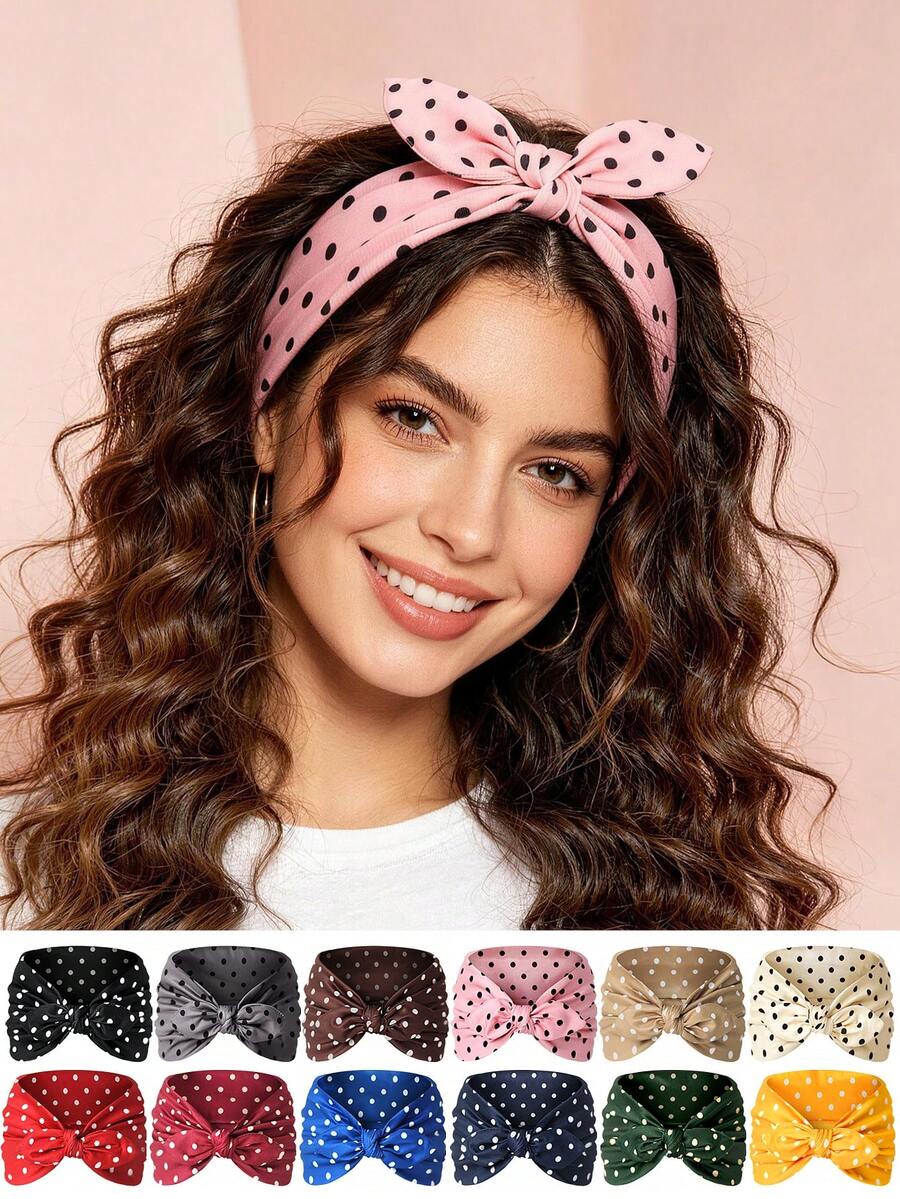 2Pcs Women's Polka Dot Rabbit Ear Wide Headband, Casual Daily Hair Accessory - Multicolor - View 1