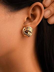 HOTNICE Anting-anting Wanita Emas 14K Model Lilitan, Anting-anting Manset Logam Multilapis Minimalis yang Saling Terkait, Cocok untuk Pesta Pernikahan Sehari-hari - Emas - View 2